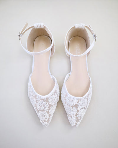 white crochet lace bridal flats