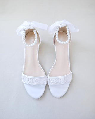 Crochet Lace Block Heel Wedding Sandals with All Pearl Ankle StrapWomen Shoes