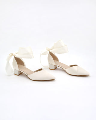 Satin Pointy Toe Low Block Heels Wedding Shoes with Wrapped Ribbon TieWomen Shoes