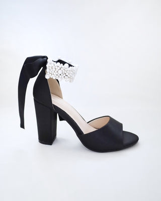 Satin Block Heel Evening Sandals with Perla Ankle StrapWomen Shoes