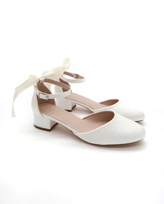 Round Toe Satin Low Block Heel with Back Satin BowWomen Shoes