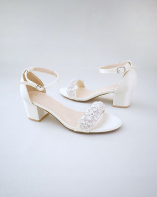 Satin Block Heel Wedding Sandals with Rhinestones Chassia FlowerWomen Shoes