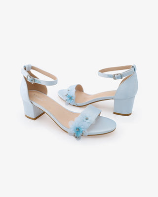 Satin Block Heel Wedding Sandals with Flower AppliquesWomen Shoes