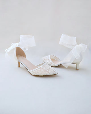 Crochet Lace Pointy Toe Wedding Kitten Low Heel with Wrapped Ankle TieWomen Shoes
