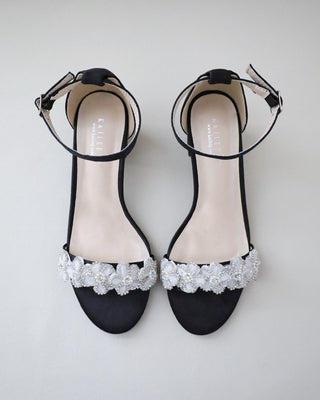 Satin Evening Block Heel Sandals with Rhinestones Chassia FlowerWomen Shoes