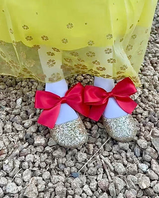 Gold Rock Glitter Mary Jane with Red or Royal Blue Satin BowKids Shoes