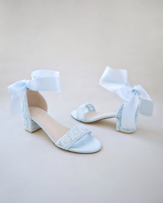 Crochet Lace Block Heel Wedding Sandals with Wrapped Ankle TieWomen Shoes