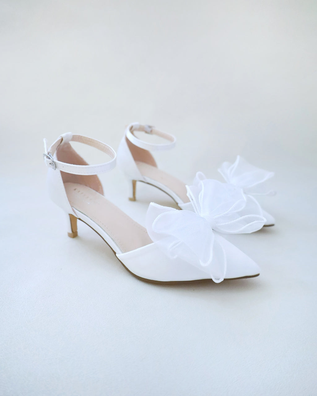 Satin Pointy Toe Wedding Low Heels with Organza Bow, Bridal Shoes