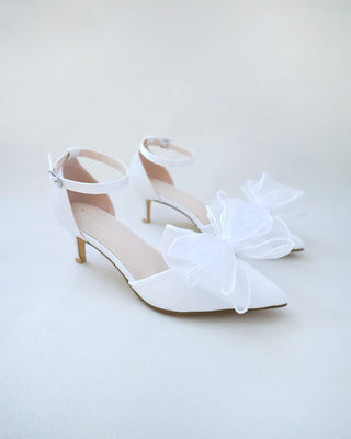 Satin Pointy Toe Wedding Kitten Low Heel with Layered Organza BowWomen Shoes