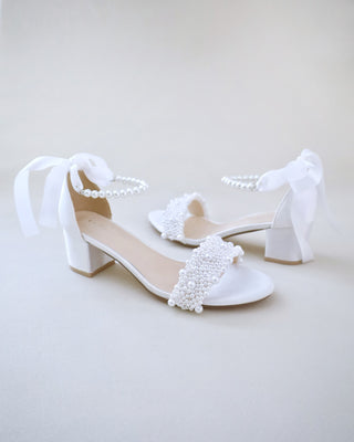 Satin Block Heel Wedding Sandals with Perla Applique and All Pearls StrapWomen Shoes