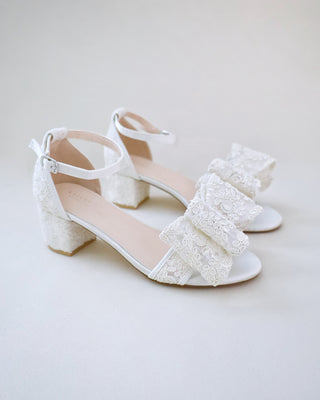 Crochet Lace Block Heel Wedding Sandals with Oversized Crochet Lace BowWomen Shoes
