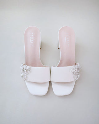 Satin Block Heels Slide Wedding Sandals with Rhinestones Chassia FlowerWomen Shoes