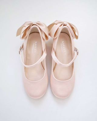 Girls Satin Mary Jane Block Heel with Back Satin BowKids Shoes
