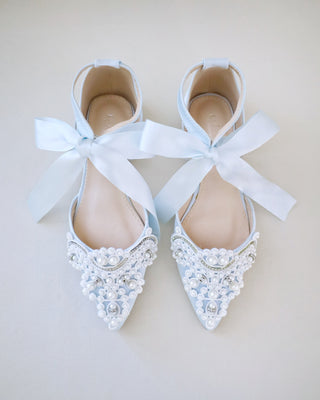 Satin Pointy Toe Flats with Oversized Pearls AppliqueWomen Shoes