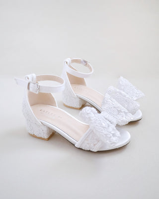 Lace Low Block Heel Girls Sandals with Oversized Crochet Lace BowKids Shoes