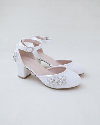 Girls Satin Block Heel with Rhinestones Chassia FlowersKids Shoes