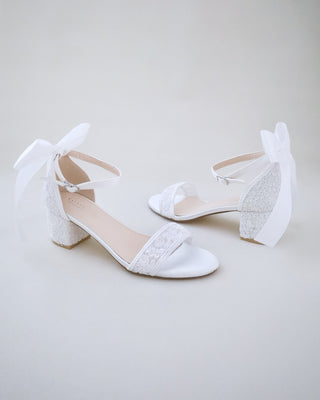 Crochet Lace Block Heel Wedding Sandals with Back Satin BowWomen Shoes