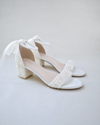 Crochet Lace Block Heel Wedding Sandals with All Pearl Ankle StrapWomen Shoes