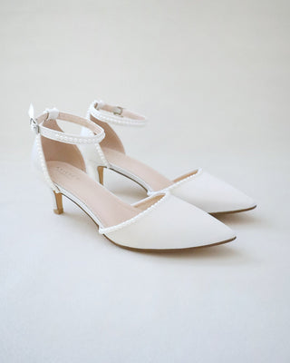 Satin Pointy Toe Kitten Low Heel with Mini PearlsWomen Shoes