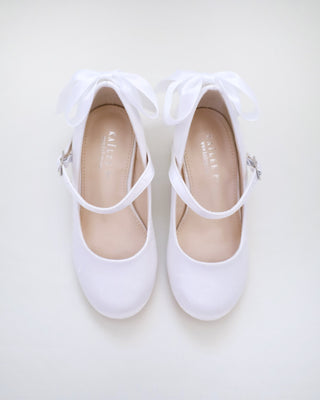 Girls Satin Mary Jane Block Heel with Back Satin BowKids Shoes