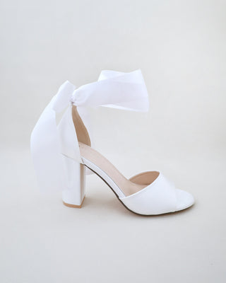 Satin Block Heel Wedding Sandals with Wrapped Ribbon TieWomen Shoes