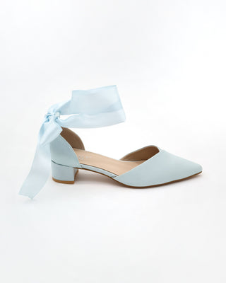 Satin Pointy Toe Low Block Heels Wedding Shoes with Wrapped Ribbon TieWomen Shoes