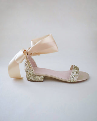 Rock Glitter Low Block Heel Evening Sandals with Wrapped Satin TieWomen Shoes