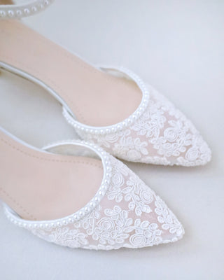 Crochet Lace Pointy Toe Wedding Kitten Low Heel with Mini PearlsWomen Shoes