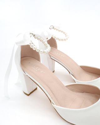 Satin Block Heel with All Pearls Ankle StrapWomen Shoes