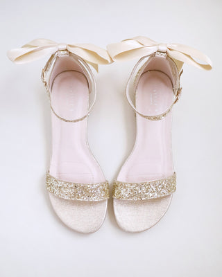 Rock Glitter Low Block Heel Wedding Sandals with Back Satin BowWomen Shoes