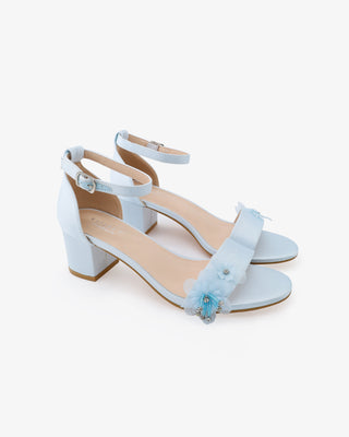 Satin Block Heel Wedding Sandals with Flower AppliquesWomen Shoes