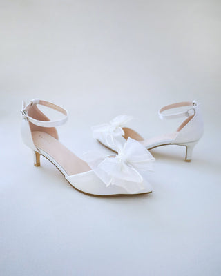 Satin Pointy Toe Wedding Kitten Low Heel with Layered Organza BowWomen Shoes