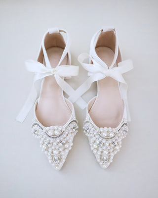 Satin Pointy Toe Flats with Oversized Pearls AppliqueWomen Shoes