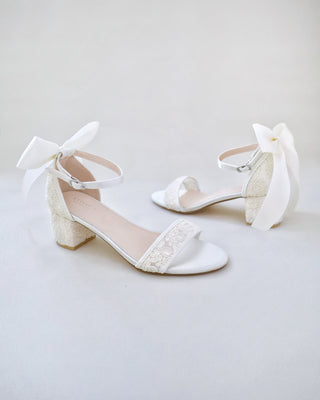 Crochet Lace Block Heel Wedding Sandals with Back Satin BowWomen Shoes