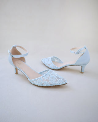 Crochet Lace Pointy Toe Wedding Kitten Low HeelWomen Shoes