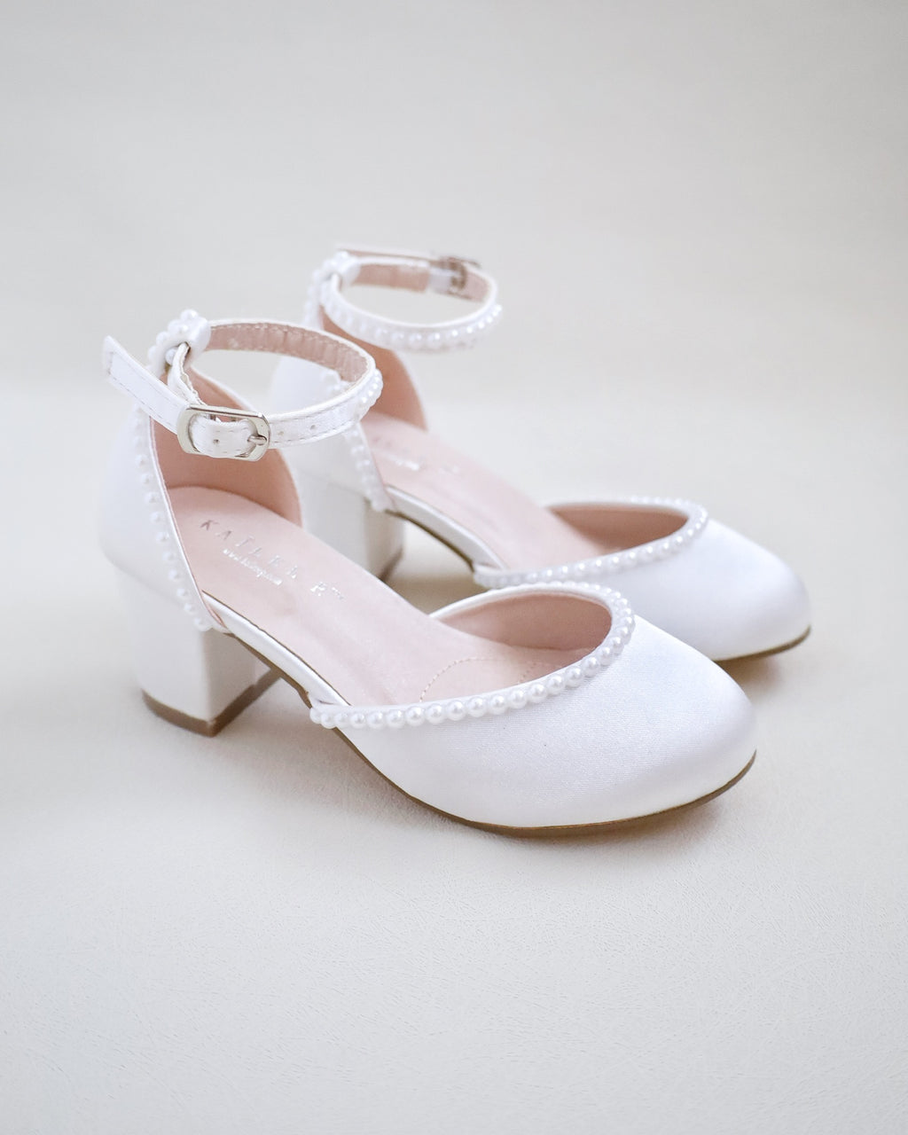 White Satin Girls Block Heel with Mini Pearls, Flower Girls Shoes