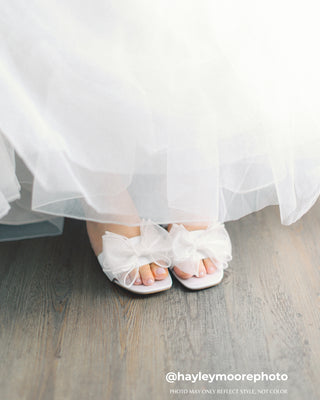 Satin Block Heels Wedding Slide Sandals with Layered Organza BowWomen Shoes