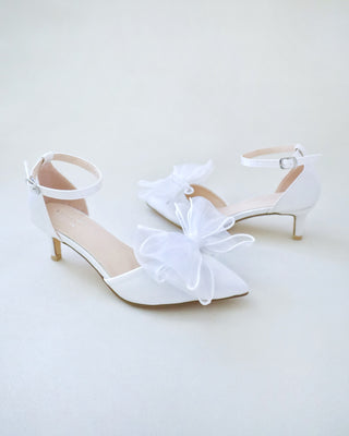 Satin Pointy Toe Wedding Kitten Low Heel with Layered Organza BowWomen Shoes