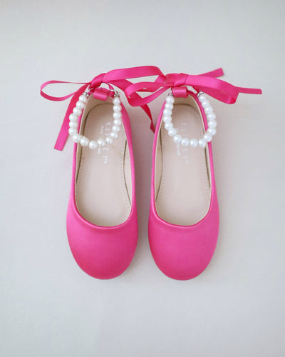 fuchsia satin flower girls shoes with pearl strap