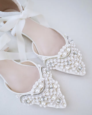 Satin Pointy Toe Flats with Oversized Pearls AppliqueWomen Shoes