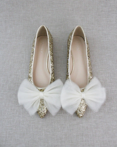 Gold Evening Pointy Toe Glitter Flats with Oversized Tulle Bow