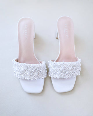 Satin Block Heels Slide Wedding Sandals with Perla AppliqueWomen Shoes