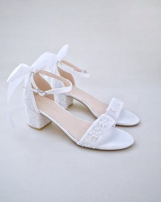 Crochet Lace Block Heel Wedding Sandals with Back Satin BowWomen Shoes