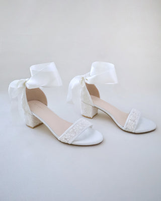 Crochet Lace Block Heel Wedding Sandals with Wrapped Ankle TieWomen Shoes