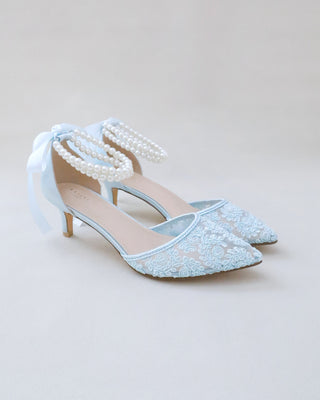 Crochet Lace Pointy Toe Wedding Kitten Low Heel with Double Pearl StrapWomen Shoes