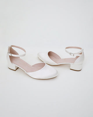Round Toe Satin Low Block Heel with Ankle StrapWomen Shoes