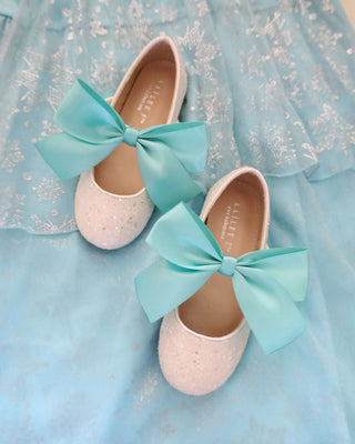 White Rock Glitter Mary Jane with Aqua Blue Or Teal Satin BowKids Shoes
