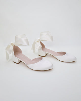 Round Toe Satin Low Block Heel with Wrapped Ribbon TieWomen Shoes