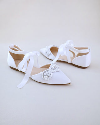 Satin Pointy Toe Flats with Small Pearls Applique EmbellishmentWomen Shoes
