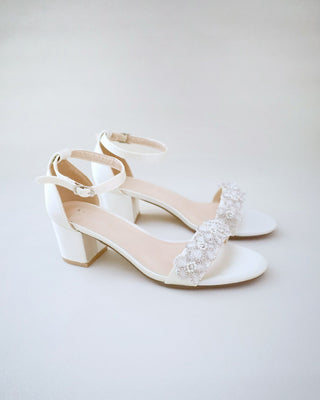Satin Block Heel Wedding Sandals with Rhinestones Chassia FlowerWomen Shoes